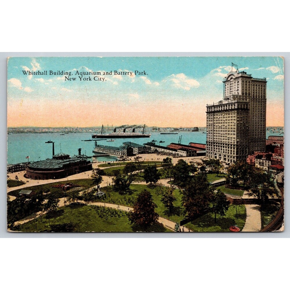 Vintage 1910s NY Postcard Whitehall Building Battery Park Aquarium Ocean Liner